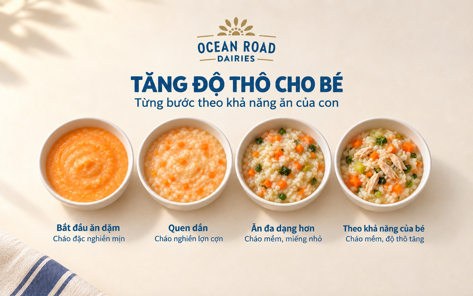 Tăng độ thô cho bé khi ăn dặm: Cách chọn kết cấu theo từng giai đoạn